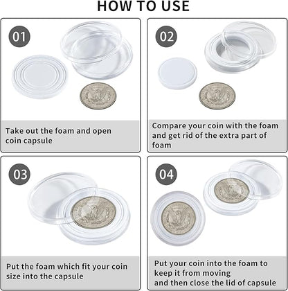 100Pcs 30mm Coin Holders with 5-Size Foam Gasket, Plastic Coin Capsules for Collectors, Clear Coin Case with Storage Organizer Box for Coin Collection Supplies, White Gasket 17/20/25/27/30mm