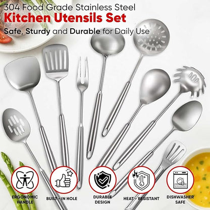 Newness 11 Pcs Cooking Utensils Set, 304 Stainless Steel Kitchen Utensils Set