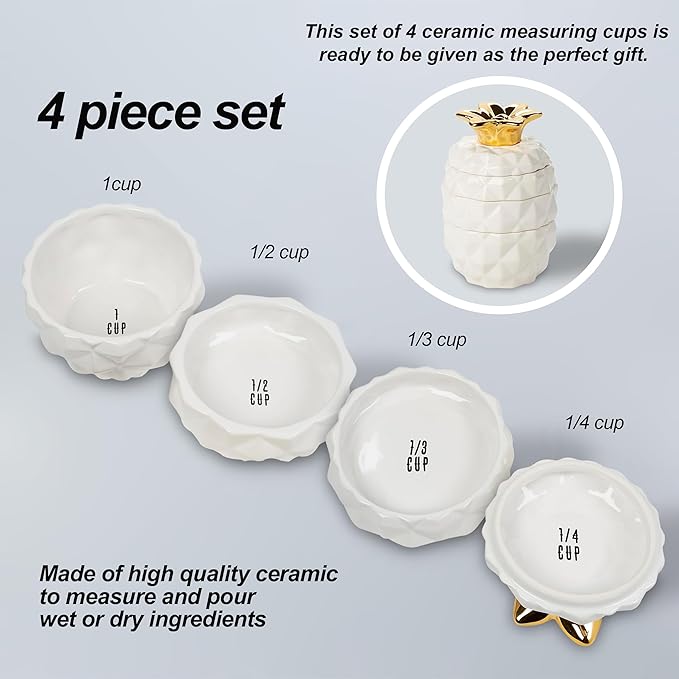 Set of 4 Decorative Pineapple Shaped Stackable Ceramic Kitchen Measuring Cups