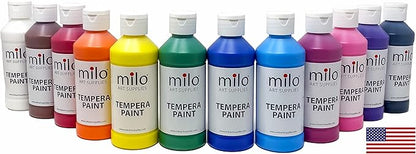 milo Washable Paint for Kids | 12 Colors 8 oz Bottles | Made in the USA | Safe and Non-Toxic Tempera Paint for Art & Craft, Poster, Window for Toddlers, Children, Classroom, School