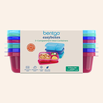 Bentgo Easyboxes - Original Stackable Lunch Boxes - Reusable 3-Compartment Food Containers for Kids and Adults - Bento Lunch Box for Meal Prep, School, & Work - BPA Free, Set of 4 (Jewel Brights)