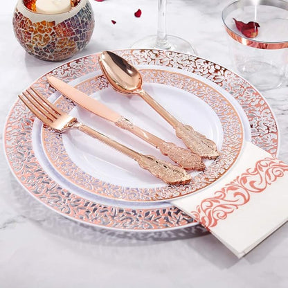 bUCLA 350PCS Rose Gold Plastic Plates With Disposable Silverware & Napkins - Rose Gold Rim Plastic Dinnerware Set Lace Design for Wedding, Party & Mother’s Day