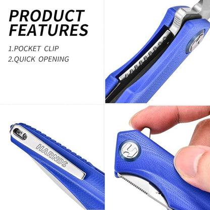 Qingluan Folding Knife with Pocket Clip, D2 Steel Blade 3.54'' and G10 Handle Outdoor Adventure knife EDC Camping Knife (Blue)