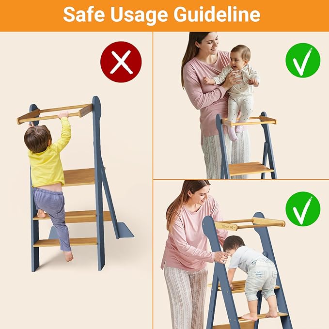 COSYLAND Foldable Toddler Kitchen Stool Helper - Height Adjustable Standing Tower for Bathroom Sink or Kitchen Counter - Step Stool for Toddlers Ages 18 Months to 6 Years Gray & Natural