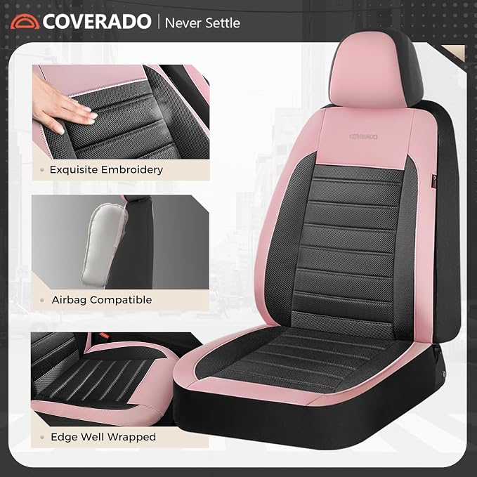 Coverado Car Seat Covers Full Set, Luxury Leather Car Seat Covers, Automotive Front and Rear Mesh Seat Covers, Full Set 5 Seats, Pink Black Seat Covers for SUV Sedan Truck