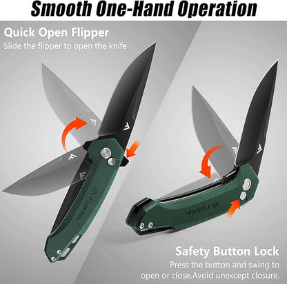 FLISSA Pocket Folding Knife, 3.2??D2 Blade G10 Handle EDC Knife with Button Lock and Pocket Clip for Hunting, Camping, Survival, Outdoor Activities(Green)