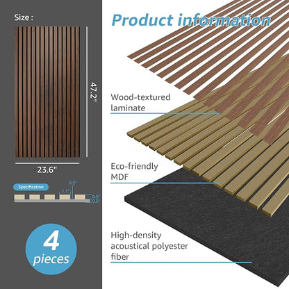Art3d 4 Pack 47.2 x 23.6in. Wood Slat Acoustic Panels