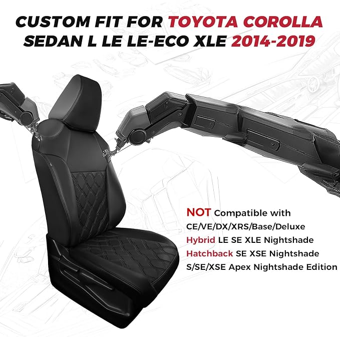 FREESOO for Toyota Corolla Seat Covers L LE XLE, LE Eco Sedan 2014 2015 2016 2017 2018 2019, Luxury Leather Seat Covers for Cars, Custom Fit Car Seat Covers, Waterproof Seat Cover, Black Full Set