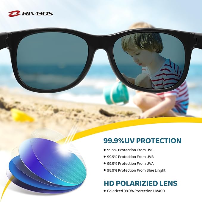 RIVBOS Kids Sunglasses Polarized UV Protection Flexible Rubber Glasses Shades with Strap for Boys Girls RBK004