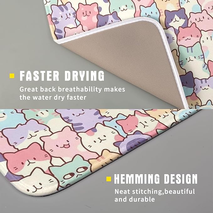 Colorful Cats Dish Drying Mat 16x18 inch Cute Animal Microfiber Reversible Fast