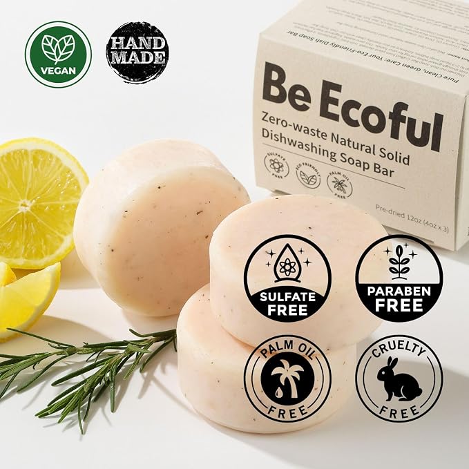 BeEcoful Zero Waste Natural Dish Soap Bar (Pack of 3) - Vegan Dishwashing Block, Eco-friendly with Plastic-Free Packaging, Sustainable Organic Ingredients