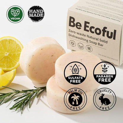 BeEcoful Zero Waste Natural Dish Soap Bar (Pack of 3) - Vegan Dishwashing Block, Eco-friendly with Plastic-Free Packaging, Sustainable Organic Ingredients