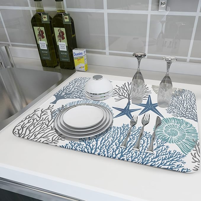 Blue Coral Dish Drying Mat 18x24 Inch Absorbent Reversible Summer Beach Drying