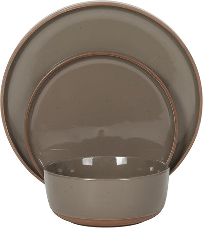 Gibson Elite Northrock Stoneware Dinnerware Set, 16-Piece Service for 4 Plates and Bowls Set – Gray Dishes with Hand-Painted Terracotta Base