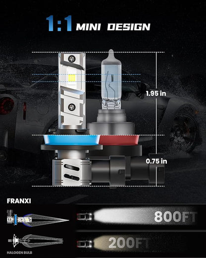 FRANXI H11 Bulbs Fog Lights, H8 H9 H16 Light Kits 60W Super Bright, 6000K Cool White Accessory Light Kit, 1:1 Design with Cooling Fan, Plug and Play, Pack of 2