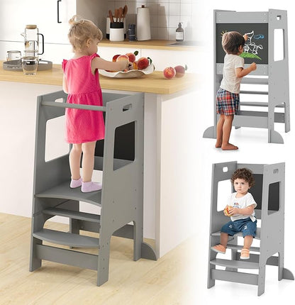 INFANS Toddler Standing Tower, Kids Montessori Kitchen Step Stool Helper with 2 Adjustable Height Learning Blackboard Safety Rail Wooden, Anti-Slip Mats, 1-3 Year Old Boy Girl Gifts (Grey)