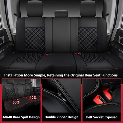 Ram Seat Covers 2009-2018 Full Set, Truck Interior Sets with Lumbar Support Custom Fit for Dodge Ram 1500/2500/3500 Crew/Quad/Mega Cab with Rear Curved Bench, Black