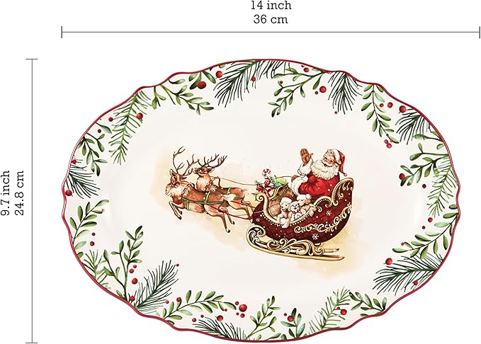 Bico Santa On The Way 16 plus 14 inch Scalloped Oval Platters Set, Set of 2, Microwave and Dishwasher Safe, for Serving Fish, Chicken, Turkey