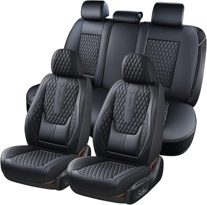 Coverado Car Seat Covers Full Set, Black Seat Covers for Car with Lumbar Support, Nappa Leather Seat Covers Waterproof Car Seat Protectors Universal Fit for Most Cars SUV Trucks