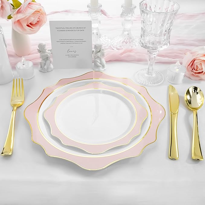 100 PCS White and Pink Disposable Plates for 50 Guests, Scalloped Plastic Plates Include 50 Dinner Plates and 50 Dessert Plates for Party, Wedding and Graduation