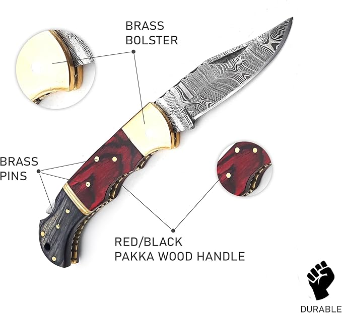 6.5 inch Damascus Pocket Knife with Sheath, Handmade Folding Pocket Knife for Men, Black-Red Wooden Handle with Brass Bolster, Secure Lock Back Camping Knife for EDC,Hunting,Hiking (Red)