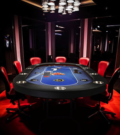 LUCKYERMORE Upgraded 10 Players Poker Table with Stainless Steel Cup Holder, 84”Folding Casino-Style Texas Game Poker Tables with Padded Rails, Blue Felt Surface, Fully Assemble