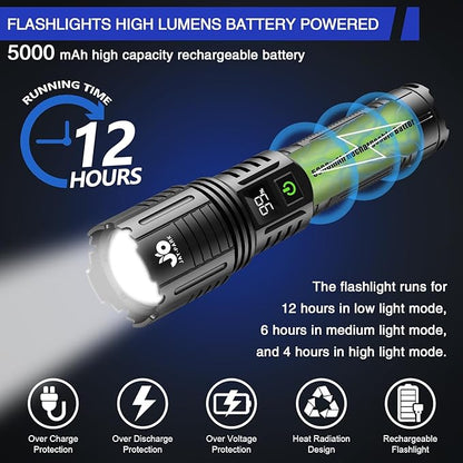 Rechargeable Flashlights 10000 Lumen, LED Flashlight with Digital Power Display and Zoomable, Flashlights High Lumen Super Bright Long Distance for Camping, bushcraft, Outdoor