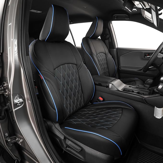EKR Rav4 Seat Covers Custom Fit for Toyota Rav4 (Hybrid) SE/XSE & (PHEV) GR SPORT 2026, Car Seat Cover Full Set for Suv,Factory-Style Upgrade, Easy-Wipe Protection,Faux Leather(Black with Blue Piping)