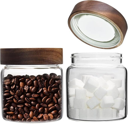 Glass Coffee Jars Spice Jar Round Storage Canister with Wooden Lid Clear Glass Food Jar for Pantry Sugar Tea Coffee Bean Spice Nuts Cookies Bath Salts (500ml/16oz-2pack)