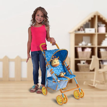 Baby Doll Stroller for Toddlers 3-10, Pillow Animal Toy Baby Stoller for Dolls, Blue Folding Baby Toy Stroller for Dolls, Foldable Stroller for Girls, for Bigger Kids (Giraffe)