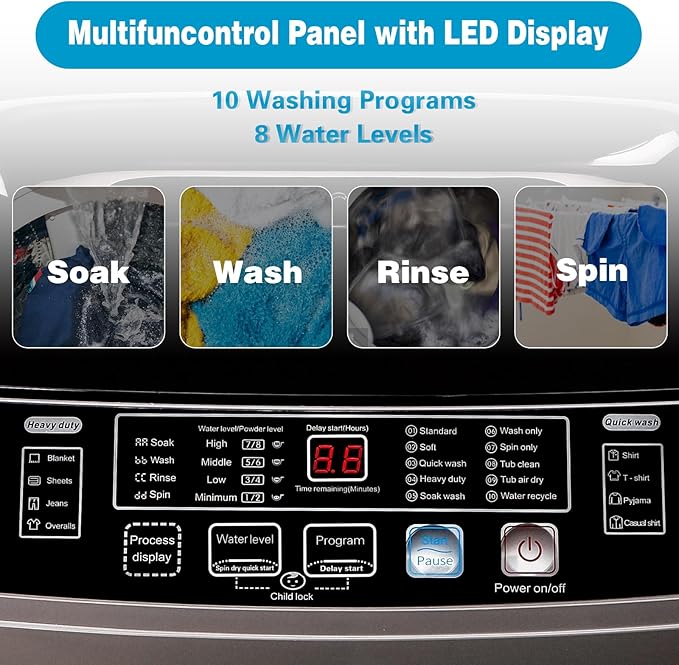 Anukis Fully Automatic Washing Machine, 13 lbs Capacity Compact Laundry Washer
