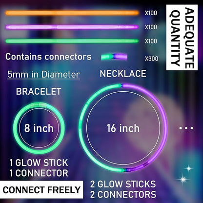 Hanaive 300 Pcs Glow Sticks Bulk 8 Inch Glow in The Dark Party Favors Neon Bracelets and Necklaces Light up Sticks with Connectors for Holiday Birthday Party Supplies(Orange, Green, Purple)