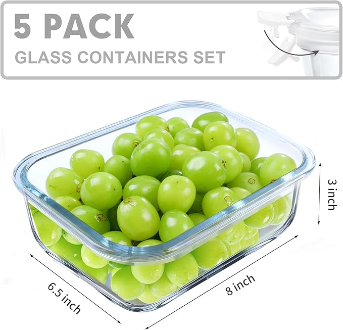 VERONES 5 Pack 36 OZ Glass Meal Prep Containers, Airtight Glass Lunch Containers Set, Food Storage Containers with Lids,Exclusive of BPA, for Microwave, Oven, Freezer & Dishwasher Friendly,White