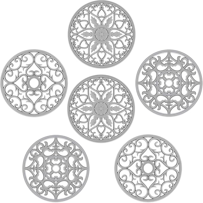 SMARTAKE 6 Set Silicone Trivets, Multi-Use Carved Trivet, Insulated Non-Slip Durable Kitchen Mat, Flexible Modern Kitchen Table Mat, for Hot Dishes, Pots, Dining Countertop, Grey
