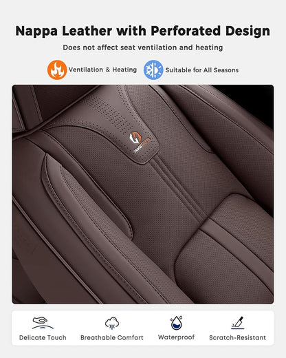 Huidasource Coffee Front Seat Cover Luxury Nappa Leather, Front Car Seat Cover with Airbag, Front Storage Pocket, Lumbar Support, Cooling＆Heating, Universal Fit for Most Cars SUV Trucks, Coffee