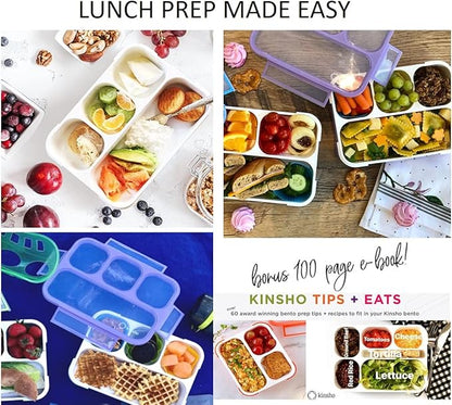 Bento-Box with Lunch Bag and Ice Pack Set. Containers for Kids Girls Adults Snacks and Lunches. 4 Compartments, Leak-proof Portion Container Boxes Insulated Bags for School, Purple