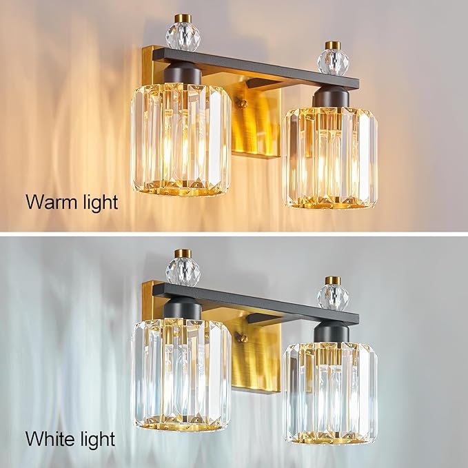 FDPBY Bathroom Vanity Lights 2-Light Black Gold Modern Crystal Vanity Light