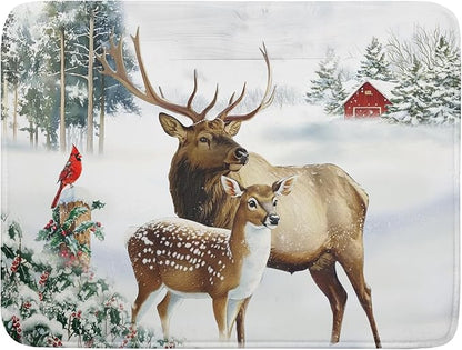 Giwawa Winter Deer Dish Drying Mat 18"x24" Xmas Tree Bird Holly Berry Dish