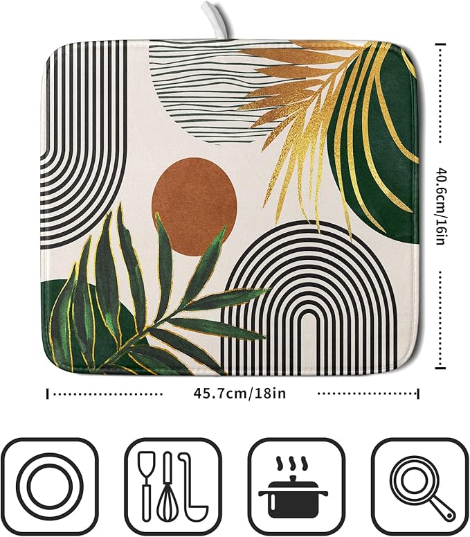 Boho Leaves Dish Drying Mat 16x18 inch Mid Century Absorbent Drainer Rack Mats