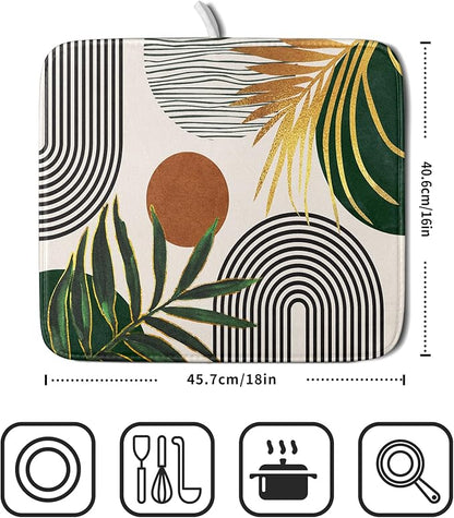 Boho Leaves Dish Drying Mat 16x18 inch Mid Century Absorbent Drainer Rack Mats