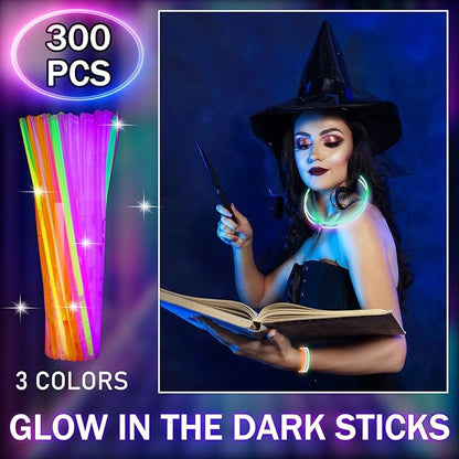 Hanaive 300 Pcs Glow Sticks Bulk 8 Inch Glow in The Dark Party Favors Neon Bracelets and Necklaces Light up Sticks with Connectors for Holiday Birthday Party Supplies(Orange, Green, Purple)