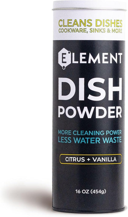 ELEMENT Dish Powder | Pre-Filled Refillable Shaker with Grease-Fighting Dish Soap | Liquidless, Plastic-Free | No Harsh Chemicals (Citrus + Vanilla, 16 OZ in Refillable Shaker)
