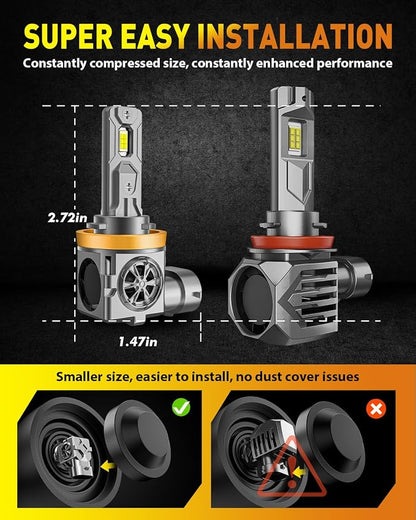 Termitor 9005/HB3 H11/H8/H9 LED Bulbs Combo, 150,000LM insane Brightness, Real 1:1 Mini Size, 6500K White, 70,000Hrs Long Service Life with cooling Fans, Plug N Play, Pack of 4