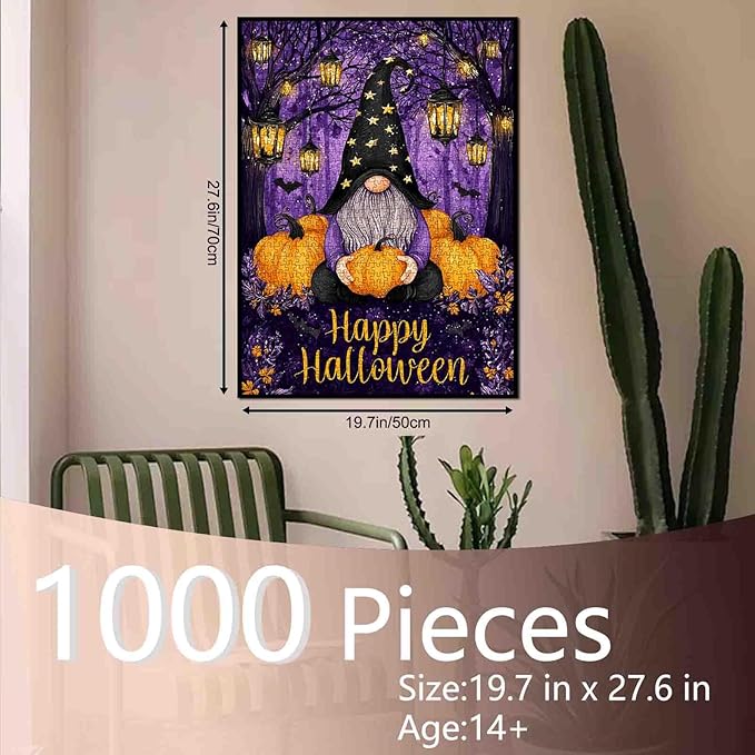 Cute Gnome Puzzle for Adults 1000 Pieces Halloween Pumpkin in Purple Forest Lantern Jigsaw Puzzle Fall Aesthetic Fun Gift for Women Men Teens Relaxing Halloween Challenging Puzzles Games Night