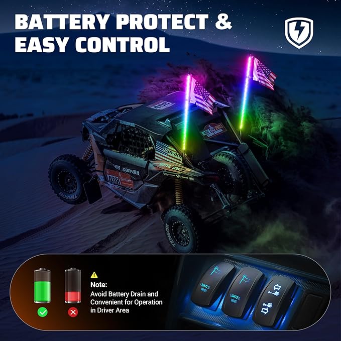 Ehaho 1 PC 1FT Whip Lights with Spring Base, APP & Remote Control Led Whip Lights for Side by Side, Spiral RGB Chasing Lighted Whips with Rocker Switch, Music Led Whips for UTV ATV RZR SXS Can-Am