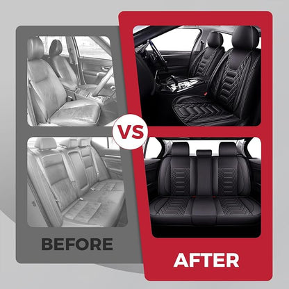 FREESOO Car Seat Covers Leather, Seat Cover Full Set Waterproof Automotive Cushion Protector Accessories Airbag Compatible Universal Fit for 5 Seats Vehicle (Black 8)