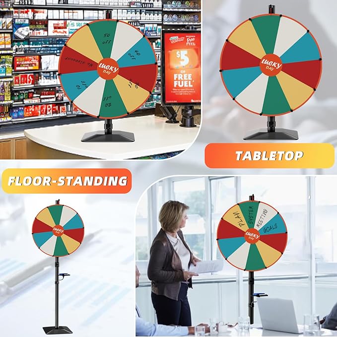 Heavy Duty Prize Wheel, 24 Inch Dual Use Prize Wheel,Adjustable Tabletop & Floor Stand, 10 Slots,1Bracket, Dry Erase Kit - Wheel of Fortune Game for Carnival, Casino & Trade Show.