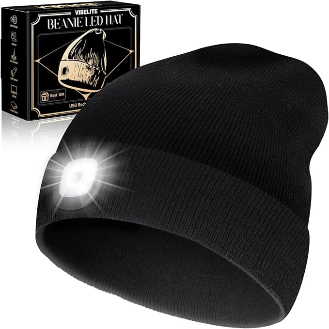 VIBELITE LED Beanie Hat with Light, USB Rechargeable LED Headlamp, Gifts for Men, Him, Husband, Boyfriend,Gifts for Dad, Husband, Father, Black