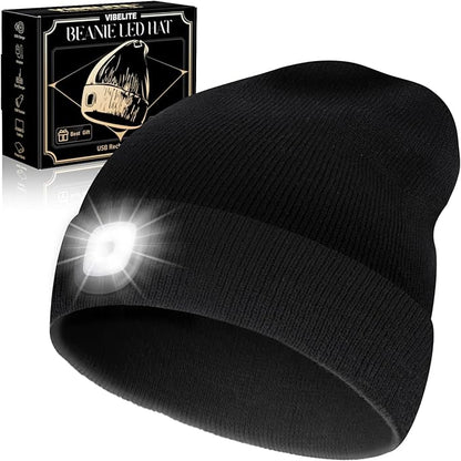 VIBELITE LED Beanie Hat with Light, USB Rechargeable LED Headlamp, Gifts for Men, Him, Husband, Boyfriend,Gifts for Dad, Husband, Father, Black
