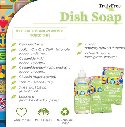 Truly Free Non Toxic Dish Soap | Natural Concentrated Dishwashing Liquid - Sweet Basil Scent | Non Toxic Organic Plant-Based Dish Soap | Family Safe - Eco-Friendly Formula | 16 fl oz